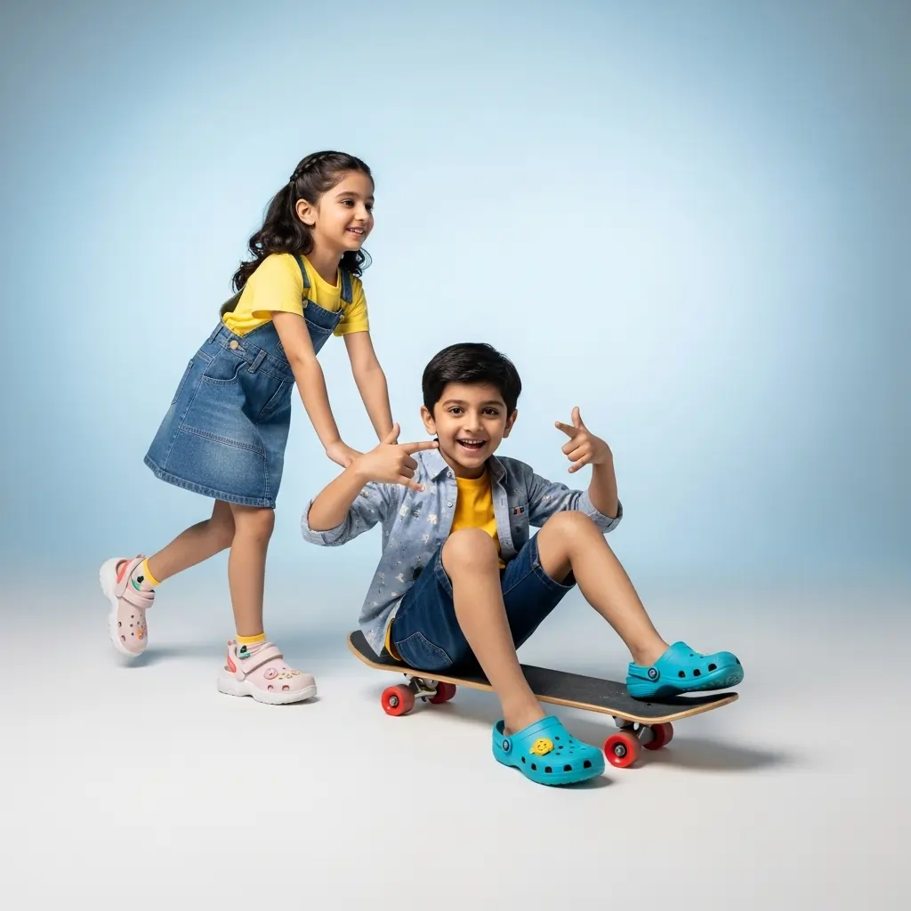Home 13 Two Pakistani children playing with a skateboard in a studio, showcasing colorful kids’ footwear against a light-blue background.