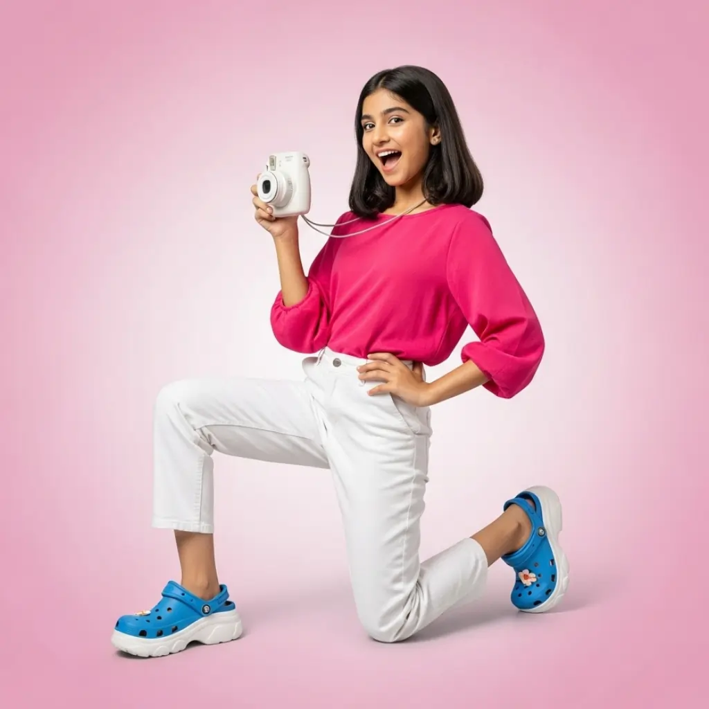 Home 12 Women with blue chunky crocs